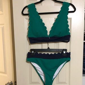 Green and navy scalloped bikini